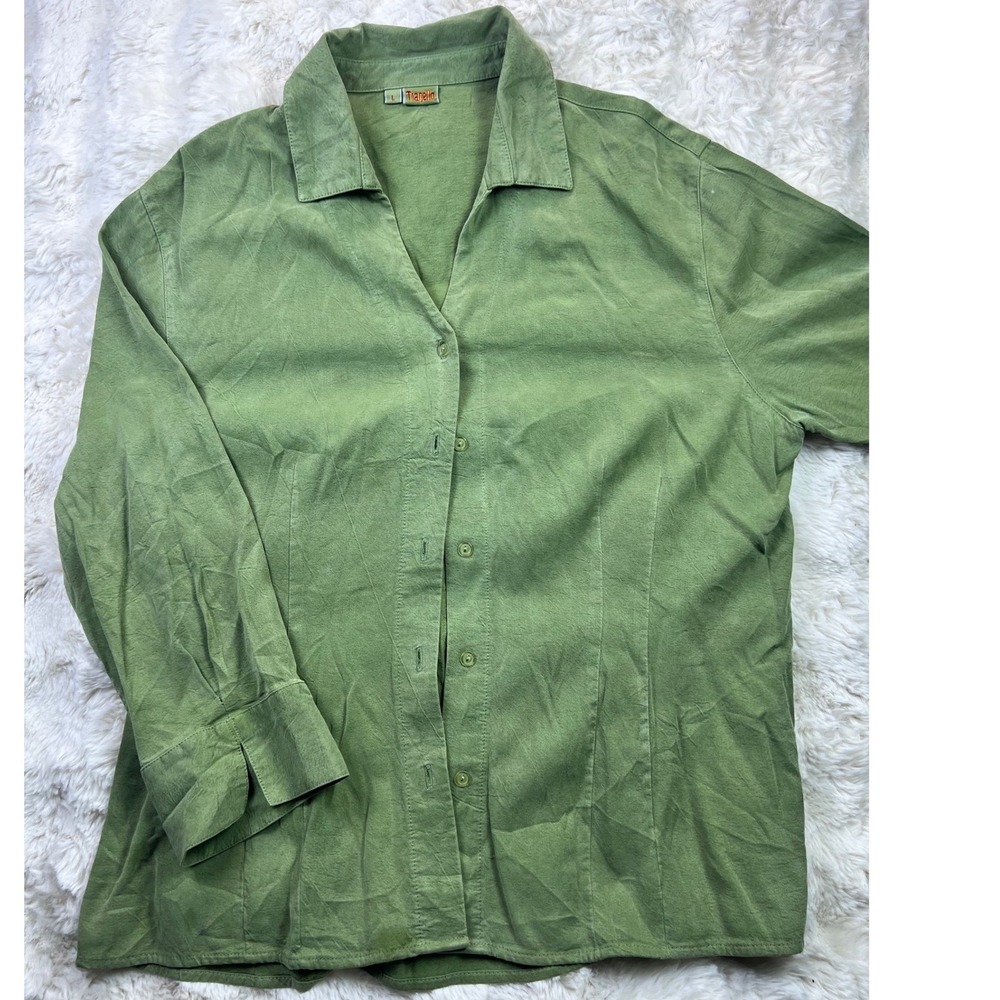 Tianello Womens Moss Green Button Front Blouse Long Sleeve Textured  Size L A37
